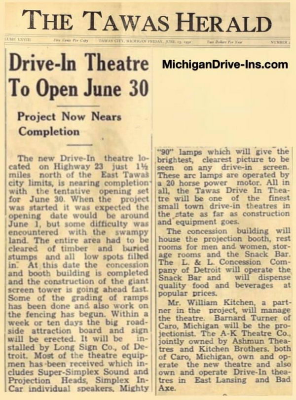 Tawas Drive-In Theatre - Tawas Herald Tawas Drive-In Article June 13 1952 (newer photo)